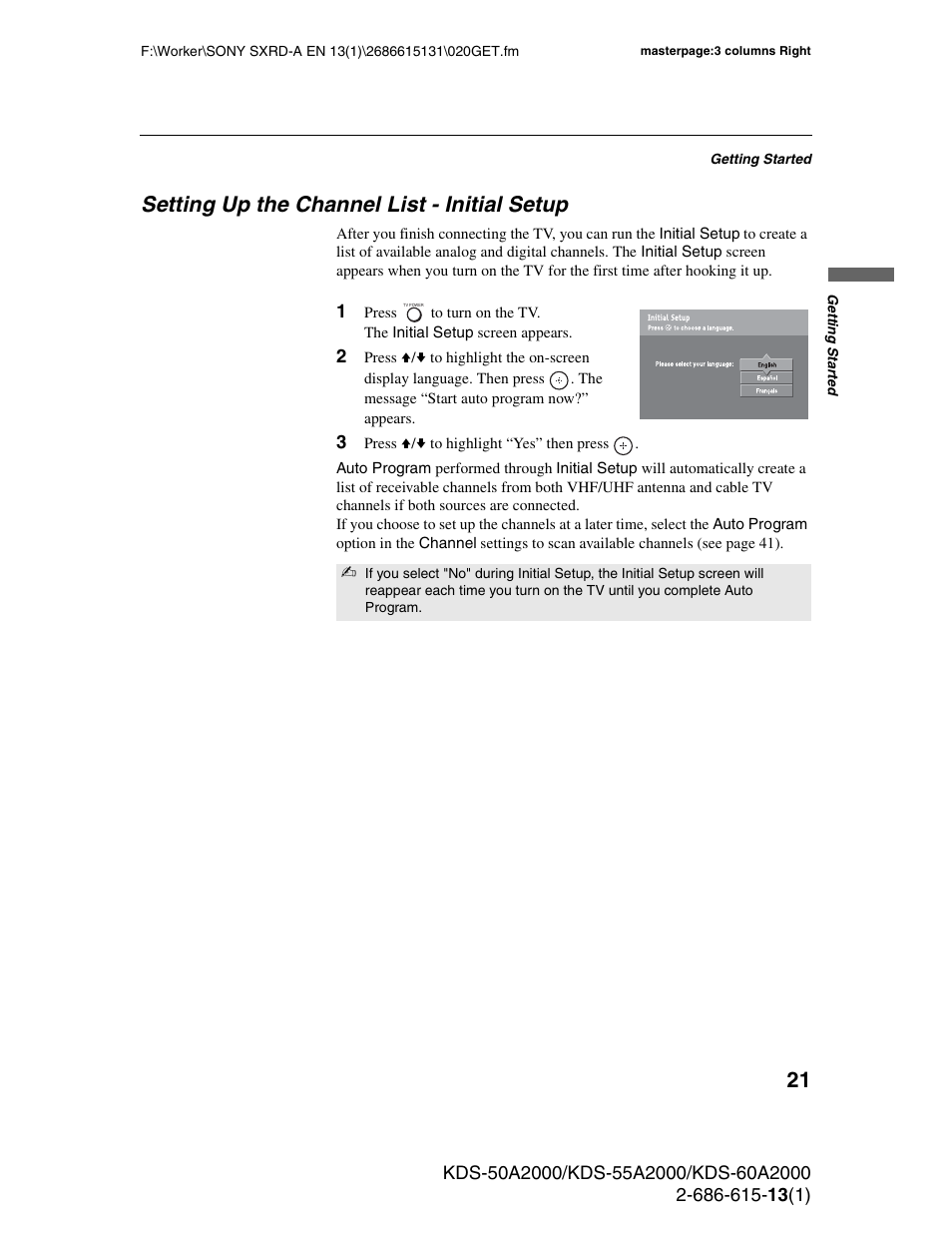 Setting up the channel list - initial setup | Sony KDS-50A2000 User Manual | Page 21 / 67
