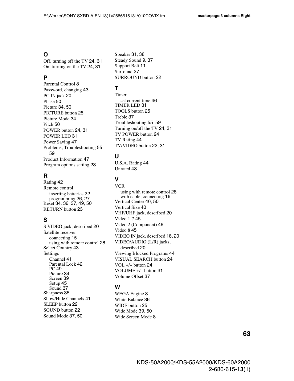 Sony KDS-50A2000 User Manual | Page 63 / 67