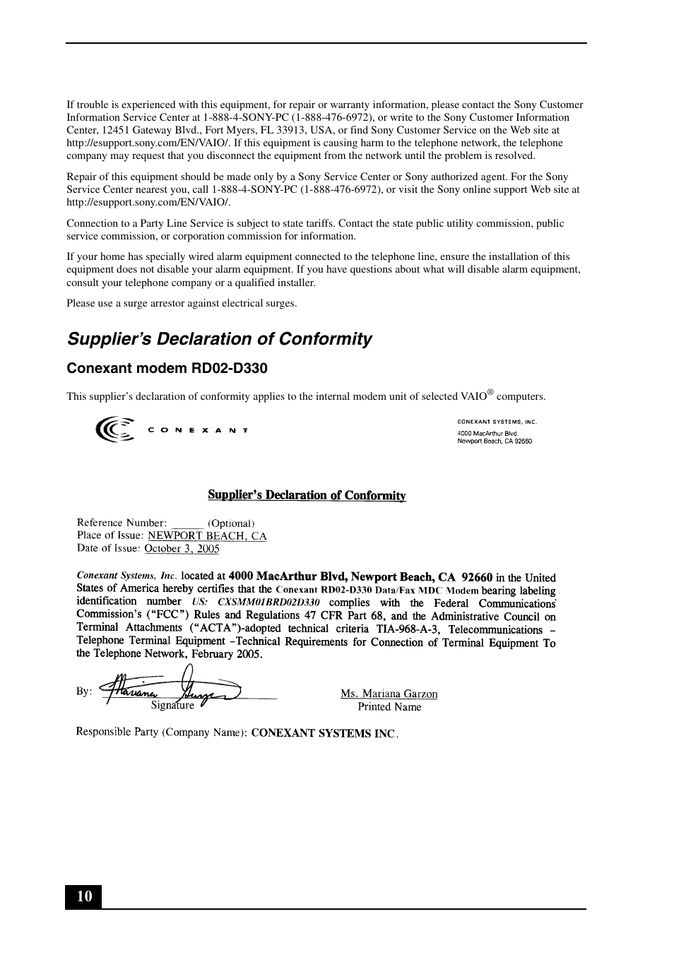 Supplier’s declaration of conformity | Sony VGC-LT29U User Manual | Page 10 / 20