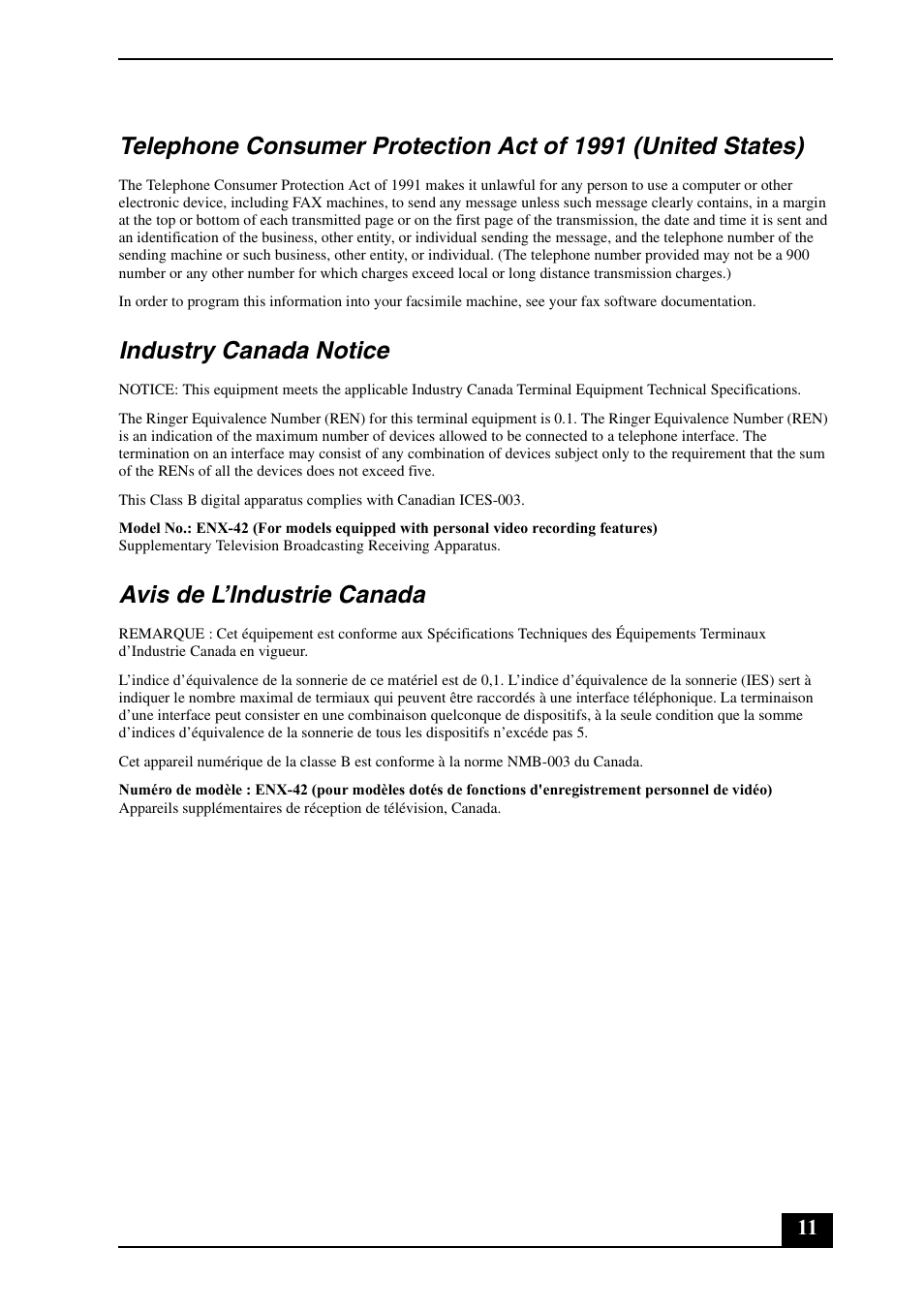 Industry canada notice, Avis de l’industrie canada | Sony VGC-LT29U User Manual | Page 11 / 20