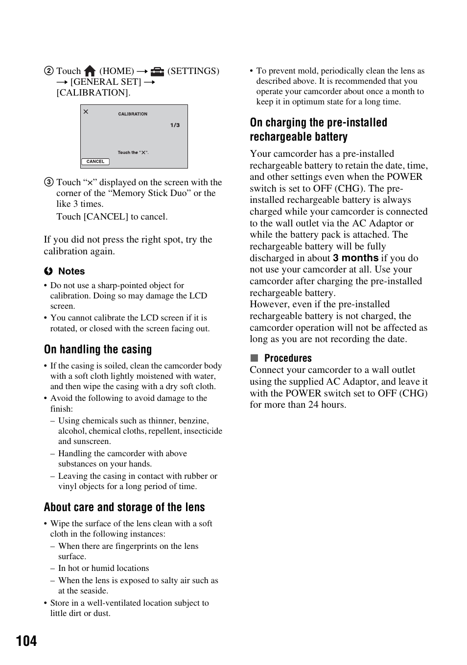 N (p. 104), On handling the casing, About care and storage of the lens | On charging the pre-installed rechargeable battery | Sony HDR-SR5 User Manual | Page 104 / 118