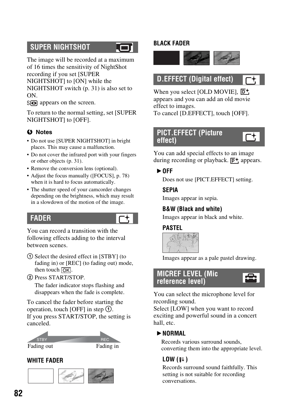 P. 82), Super nightshot fader | Sony HDR-SR5 User Manual | Page 82 / 118
