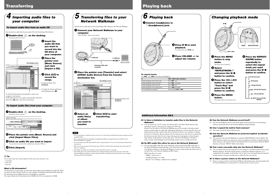 Transferring playing back, Changing playback mode, Transferring files to your network walkman | Importing audio files to your computer, Playing back | Sony NW-E103PS User Manual | Page 2 / 2