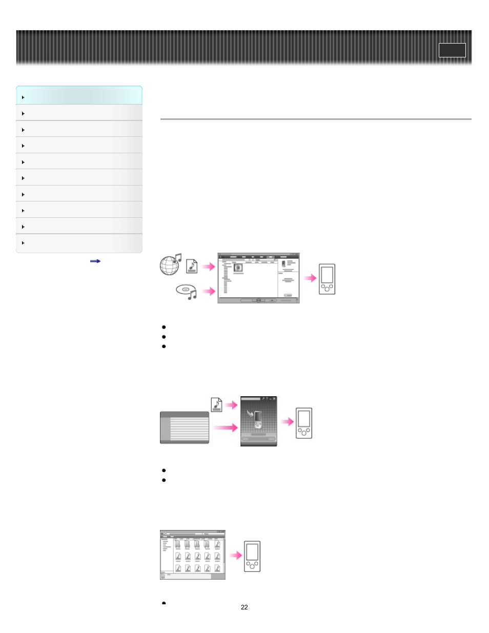 Operation flow to enjoy music, Details | Sony NWZ-E375 User Manual | Page 22 / 166