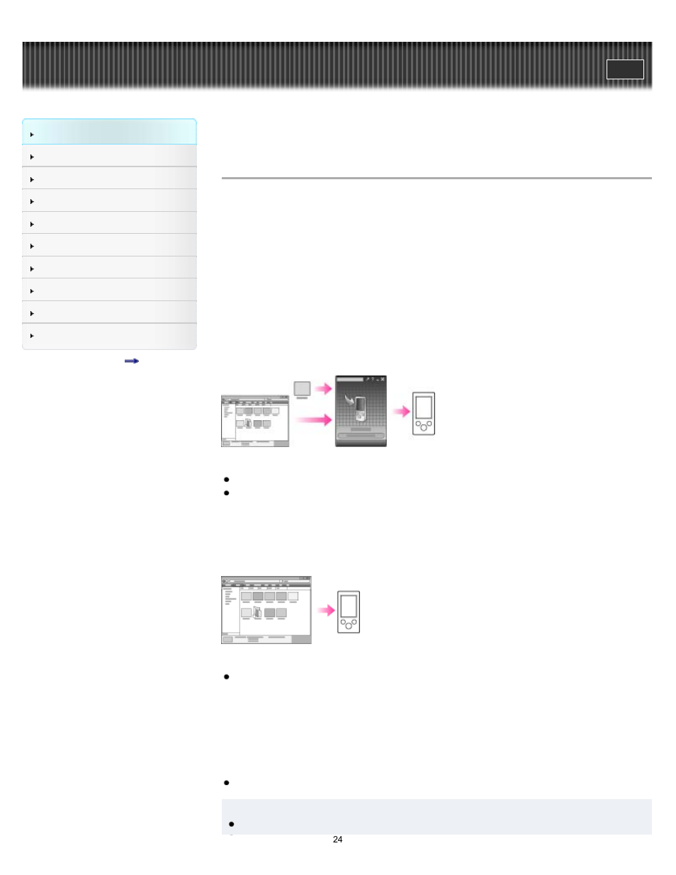 Operation flow to enjoy videos and photos, Details | Sony NWZ-E375 User Manual | Page 24 / 166