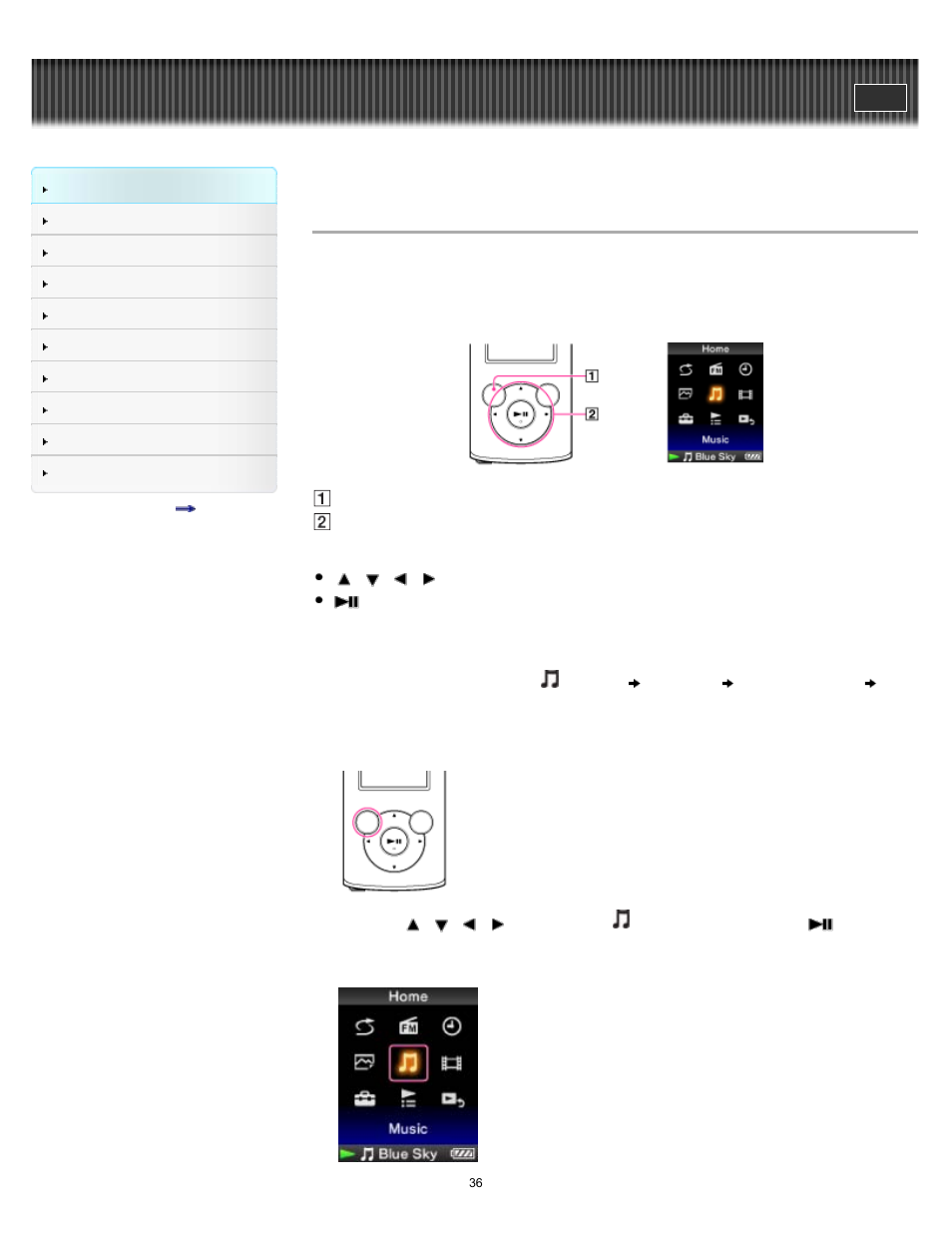 How to use the home menu, Details | Sony NWZ-E375 User Manual | Page 36 / 166
