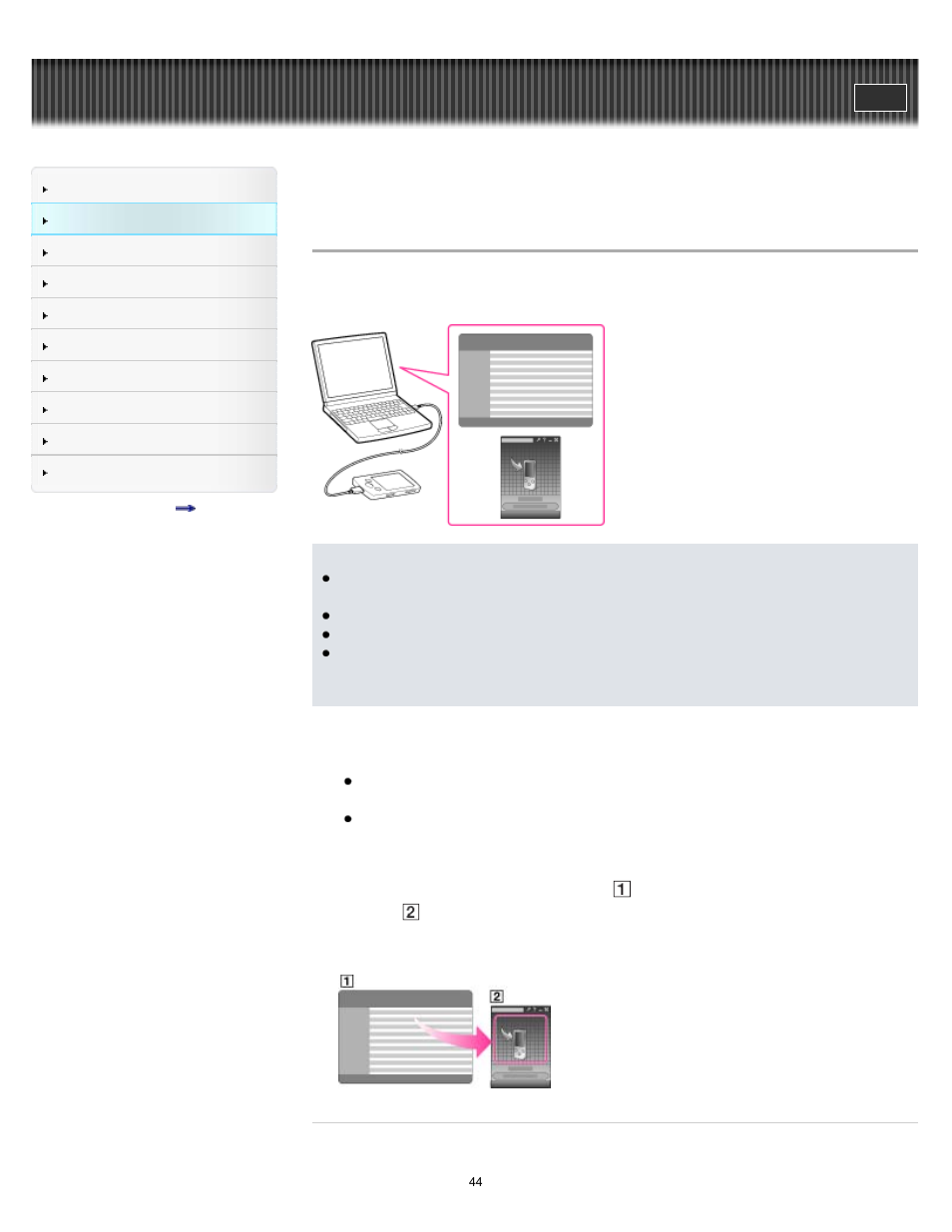 Transferring music using content transfer, Details | Sony NWZ-E375 User Manual | Page 44 / 166