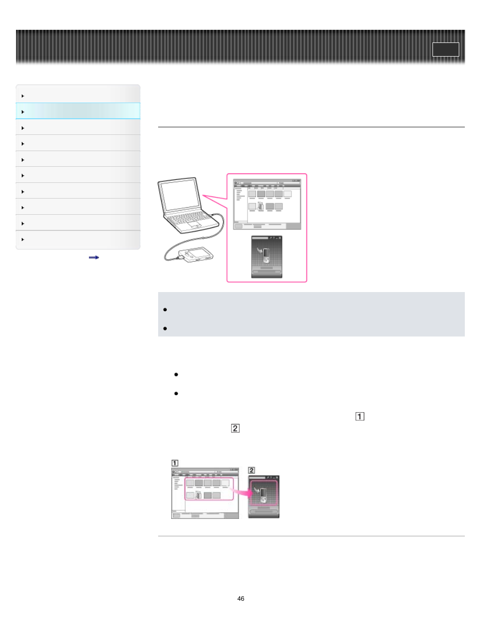 Transferring videos/photos using content transfer, Details | Sony NWZ-E375 User Manual | Page 46 / 166