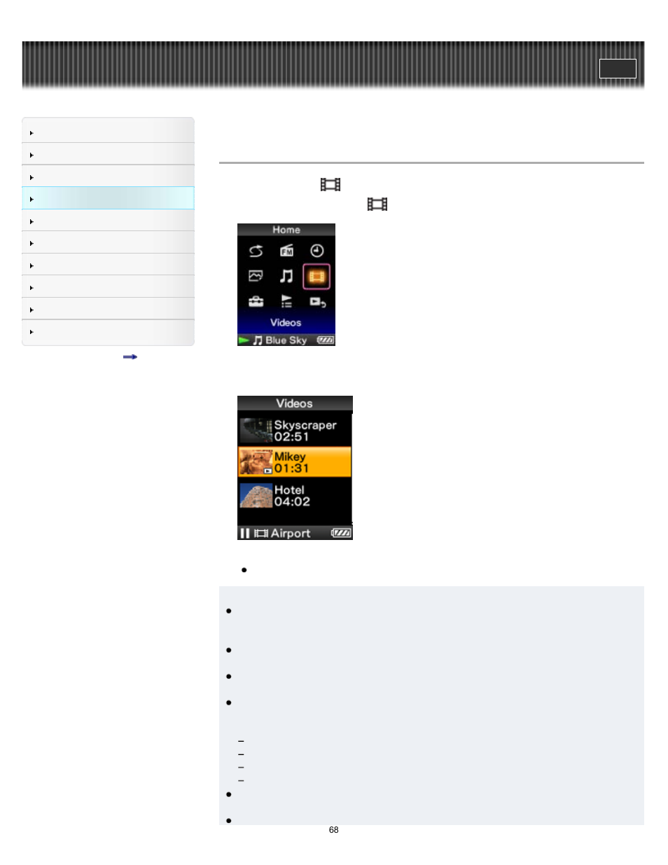 Watching videos [videos, Details | Sony NWZ-E375 User Manual | Page 68 / 166