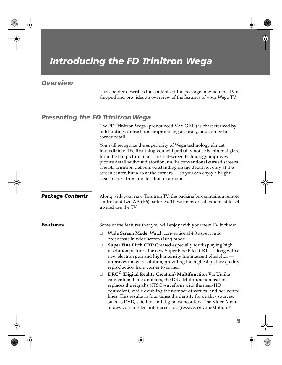 Introducing the fd trinitron wega, Overview, Presenting the fd trinitron wega | Package contents, Features, Overview presenting the fd trinitron wega, Package contents features, Presenting the fd trinitron, Wega | Sony KV-30XBR910 User Manual | Page 10 / 106