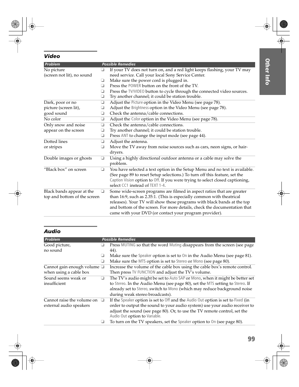 Video, Audio | Sony KV-30XBR910 User Manual | Page 100 / 106