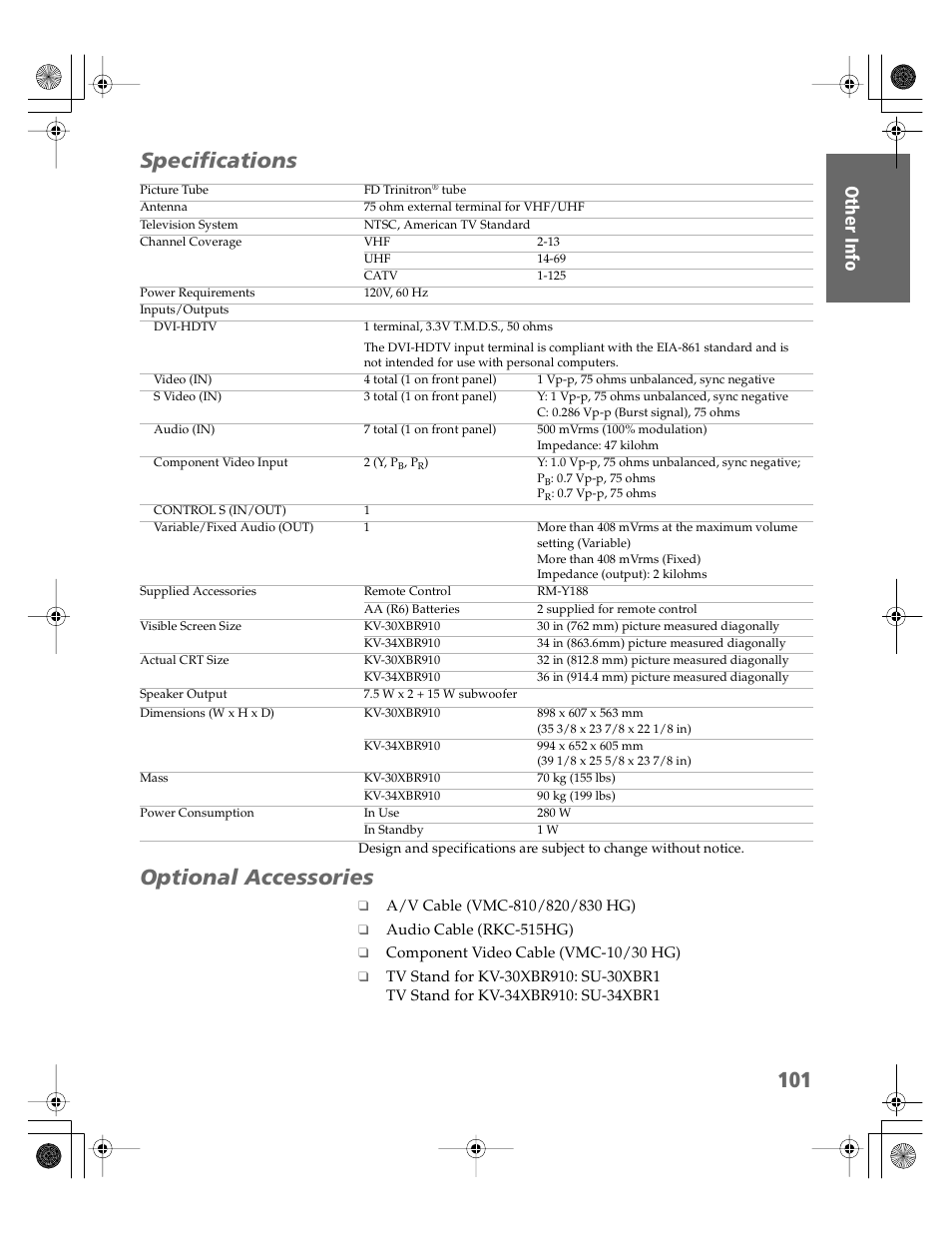 Specifications, Optional accessories, Specifications optional accessories | Sony KV-30XBR910 User Manual | Page 102 / 106