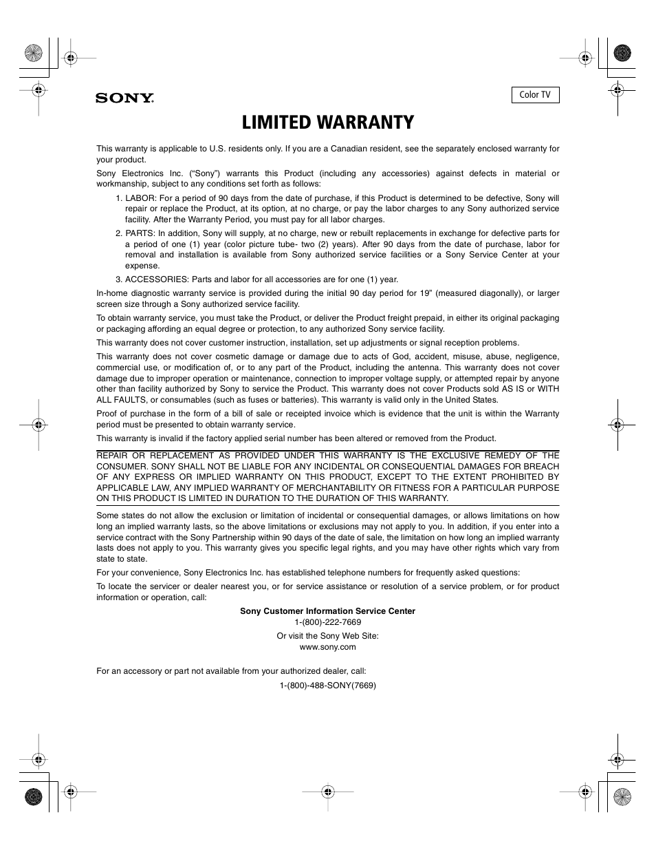 Limited warranty | Sony KV-30XBR910 User Manual | Page 106 / 106