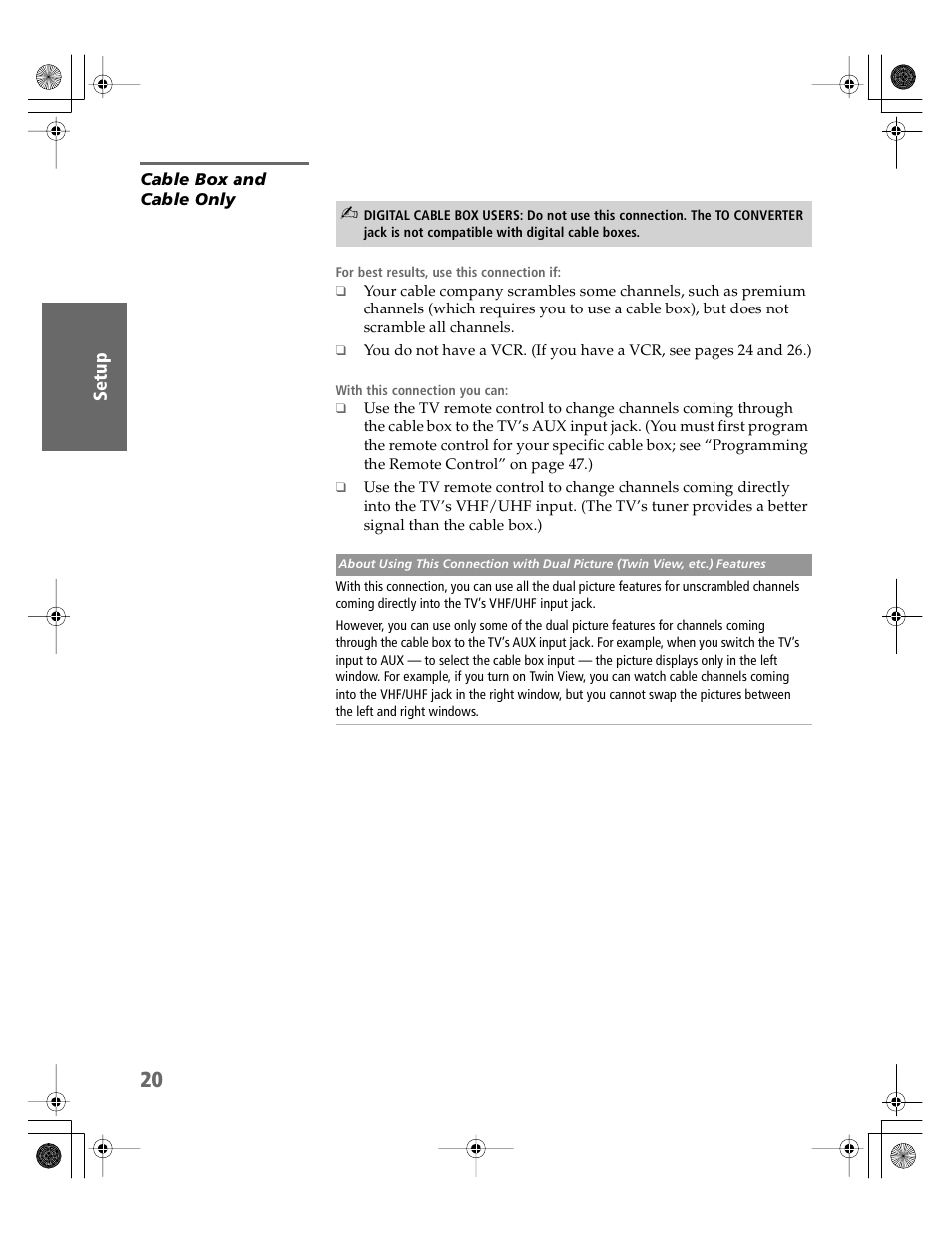 Cable box and cable only, 20 t | Sony KV-30XBR910 User Manual | Page 21 / 106