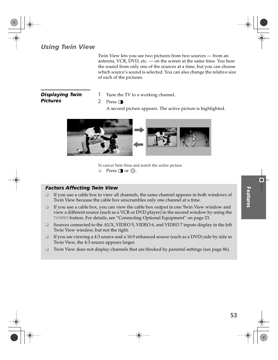 Using twin view, Displaying twin pictures, Factors affecting twin view | Sony KV-30XBR910 User Manual | Page 54 / 106