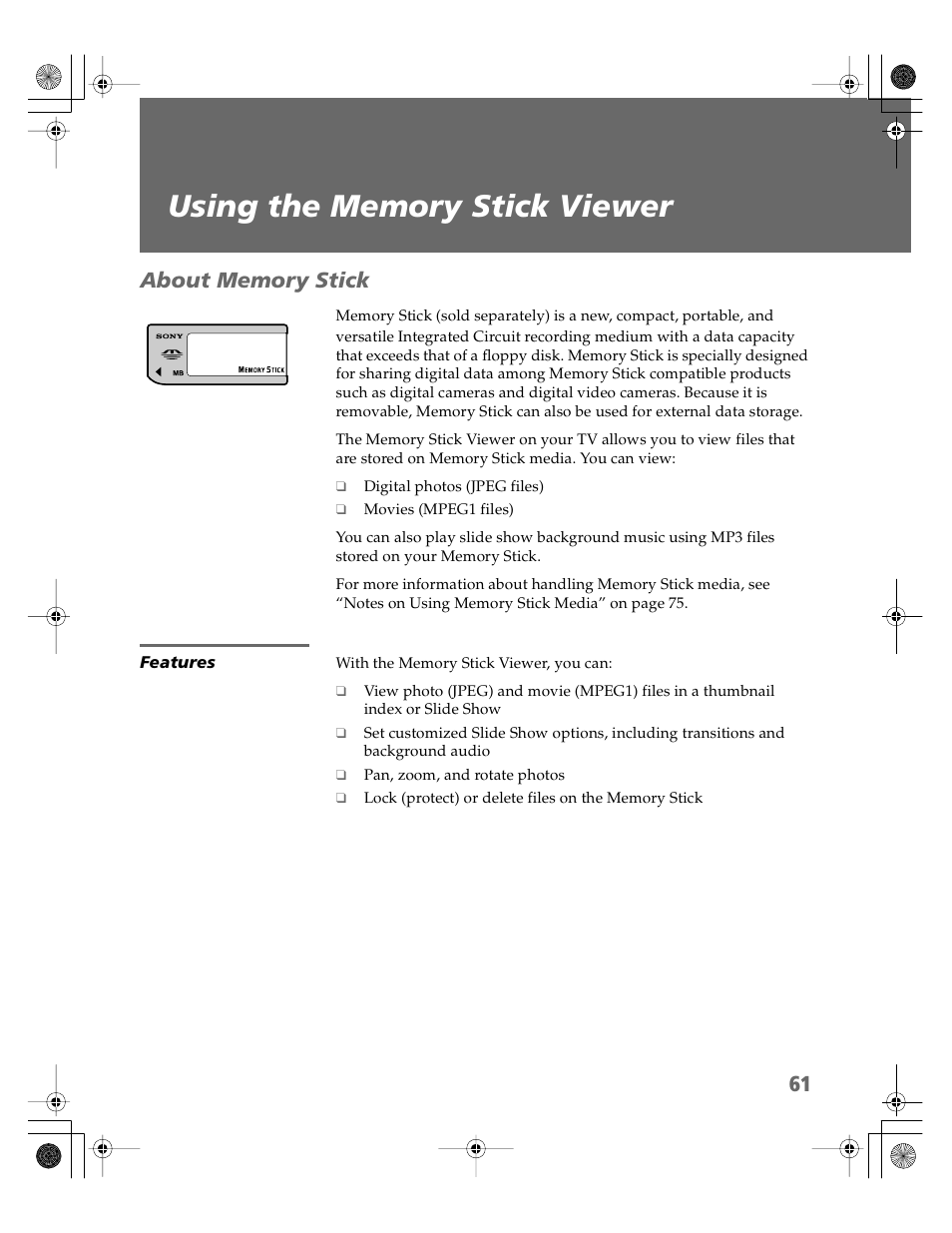 Using the memory stick viewer, About memory stick, Features | Sony KV-30XBR910 User Manual | Page 62 / 106