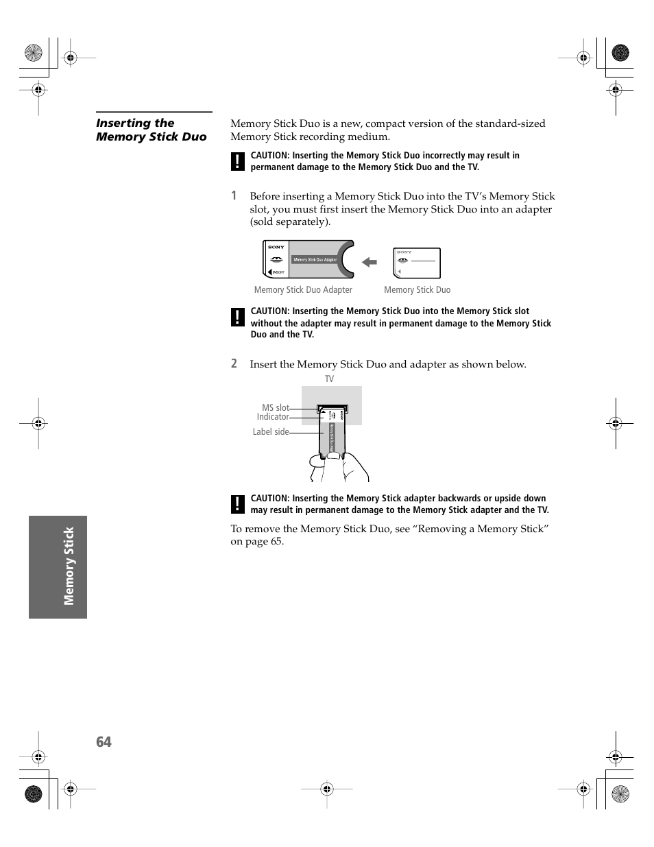 Inserting the memory stick duo | Sony KV-30XBR910 User Manual | Page 65 / 106