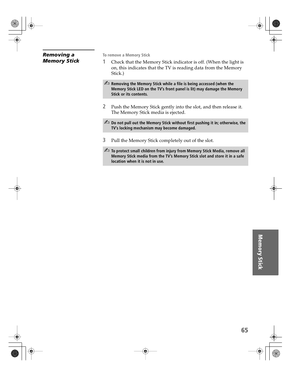 Removing a memory stick | Sony KV-30XBR910 User Manual | Page 66 / 106