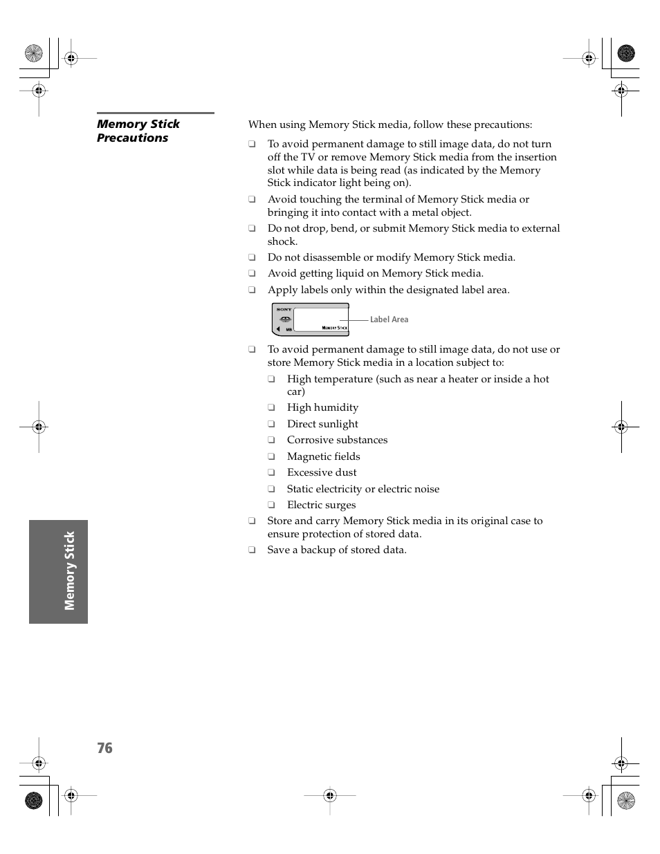 Memory stick precautions | Sony KV-30XBR910 User Manual | Page 77 / 106