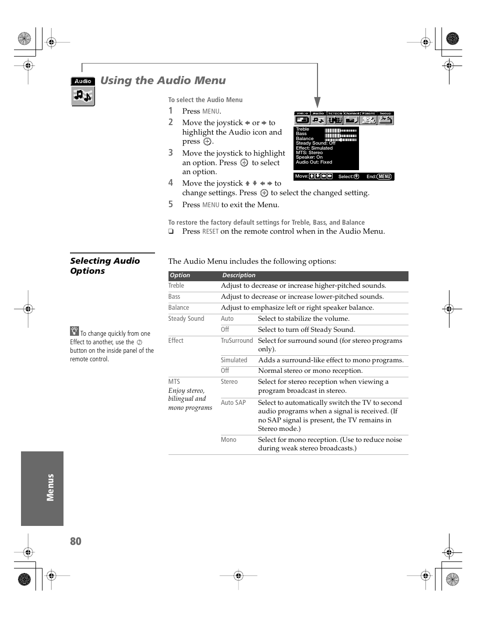 Using the audio menu, Selecting audio options | Sony KV-30XBR910 User Manual | Page 81 / 106
