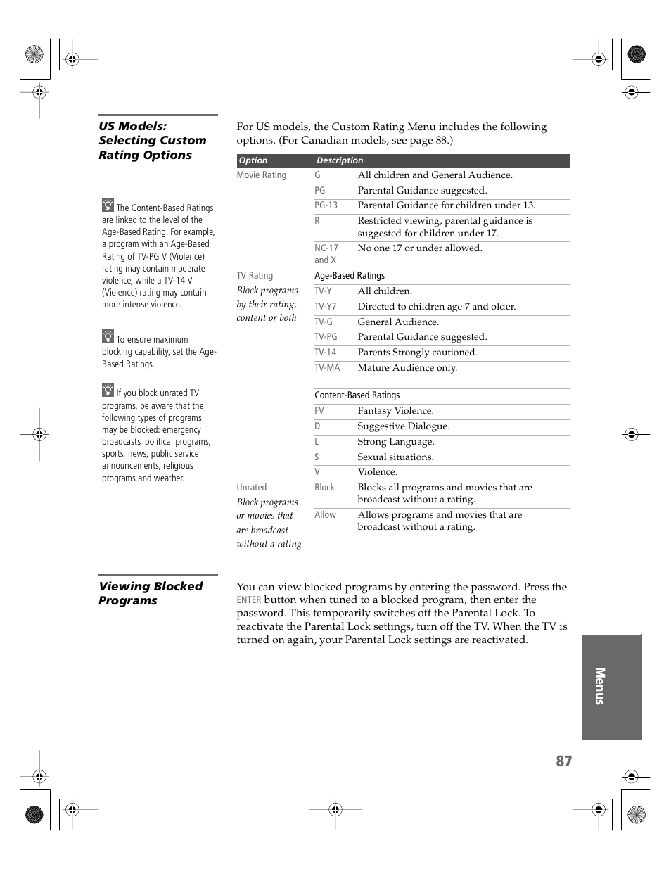 Us models: selecting custom rating options, Viewing blocked programs | Sony KV-30XBR910 User Manual | Page 88 / 106