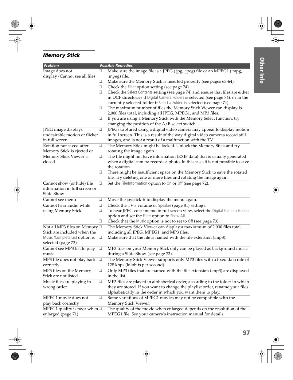Memory stick | Sony KV-30XBR910 User Manual | Page 98 / 106