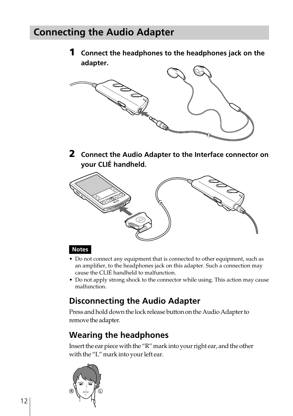 Connecting the audio adapter, Connecting the audio adapter 1, Disconnecting the audio adapter | Wearing the headphones | Sony PEGA-SA500 User Manual | Page 12 / 28