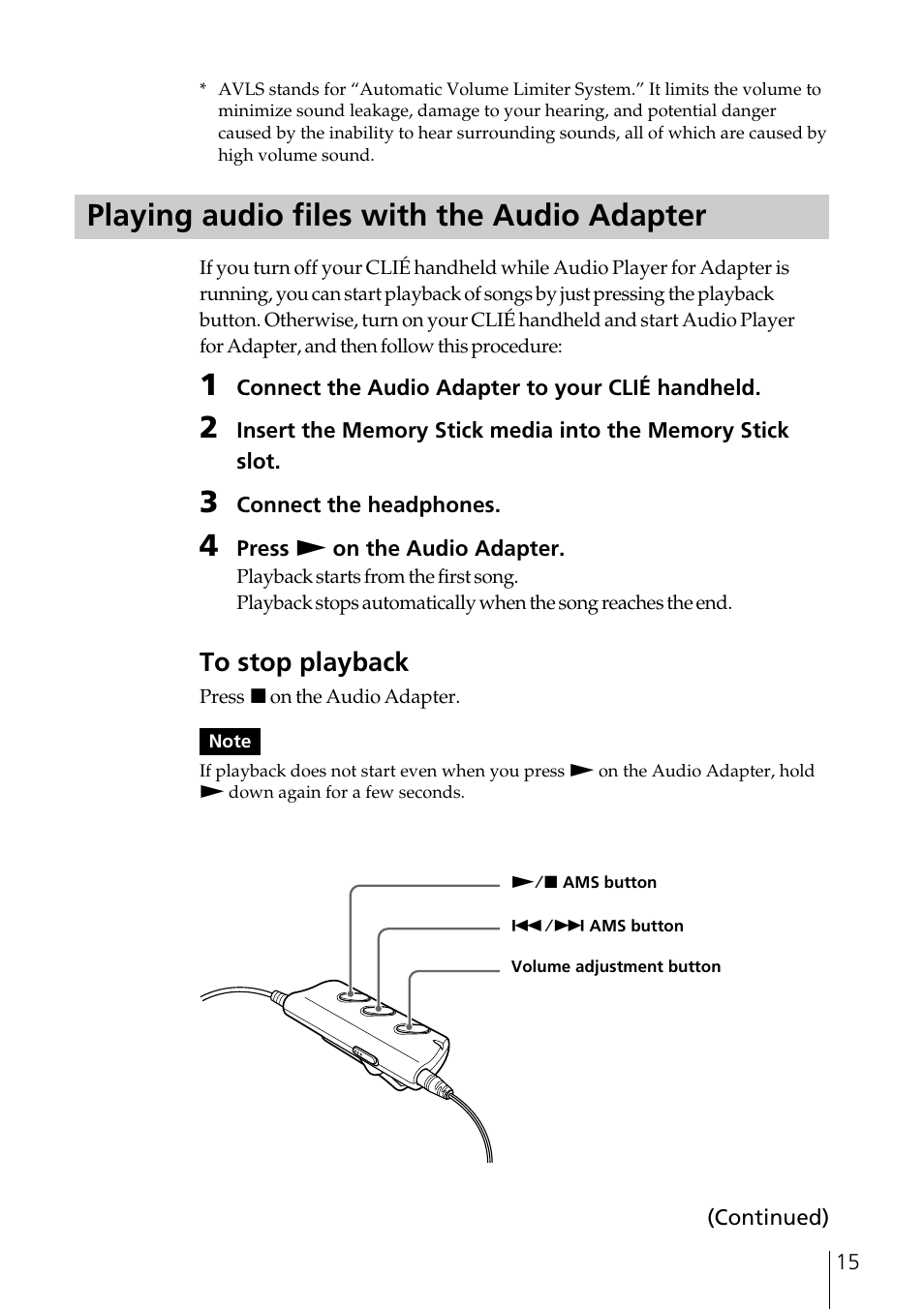 Playing audio files with the audio adapter | Sony PEGA-SA500 User Manual | Page 15 / 28