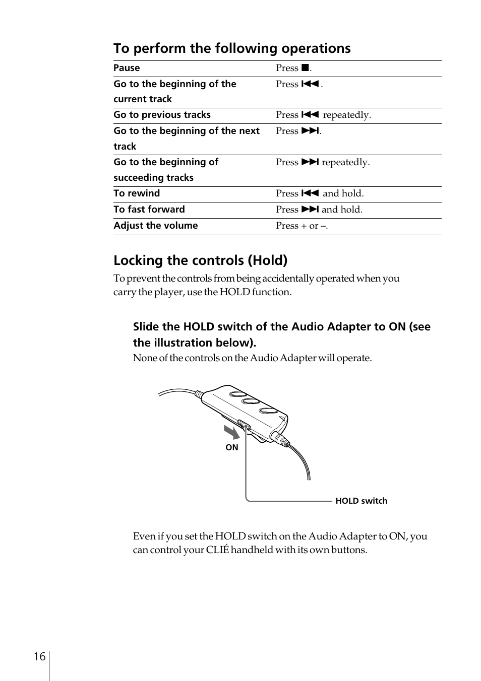 Locking the controls (hold) | Sony PEGA-SA500 User Manual | Page 16 / 28