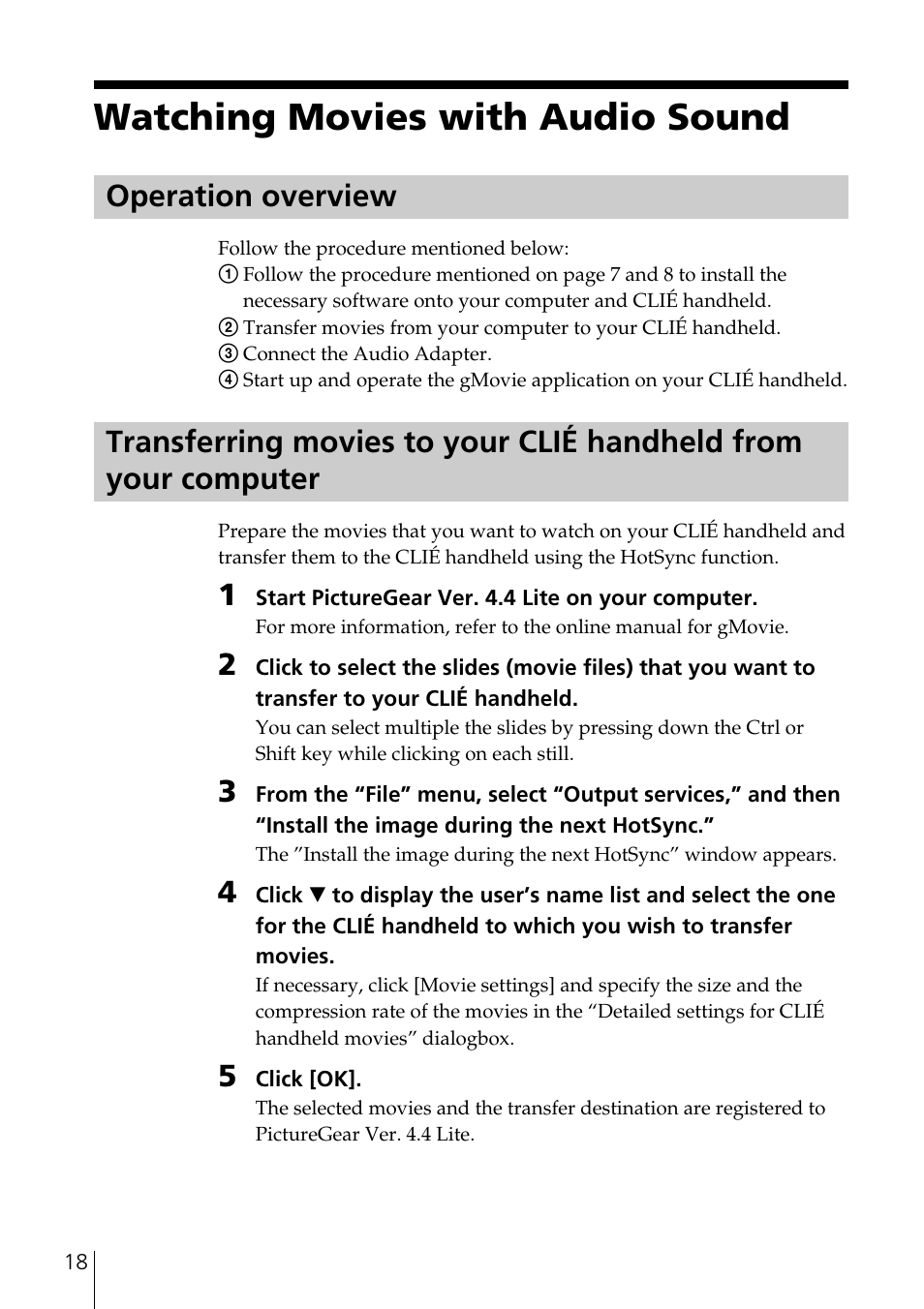 Watching movies with audio sound, Operation overview | Sony PEGA-SA500 User Manual | Page 18 / 28