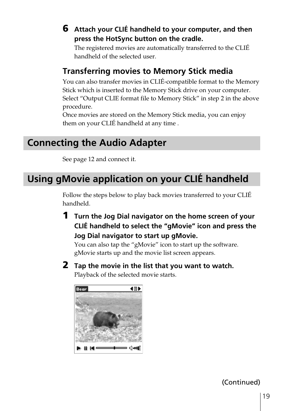Connecting the audio adapter, Using gmovie application on your clié handheld | Sony PEGA-SA500 User Manual | Page 19 / 28