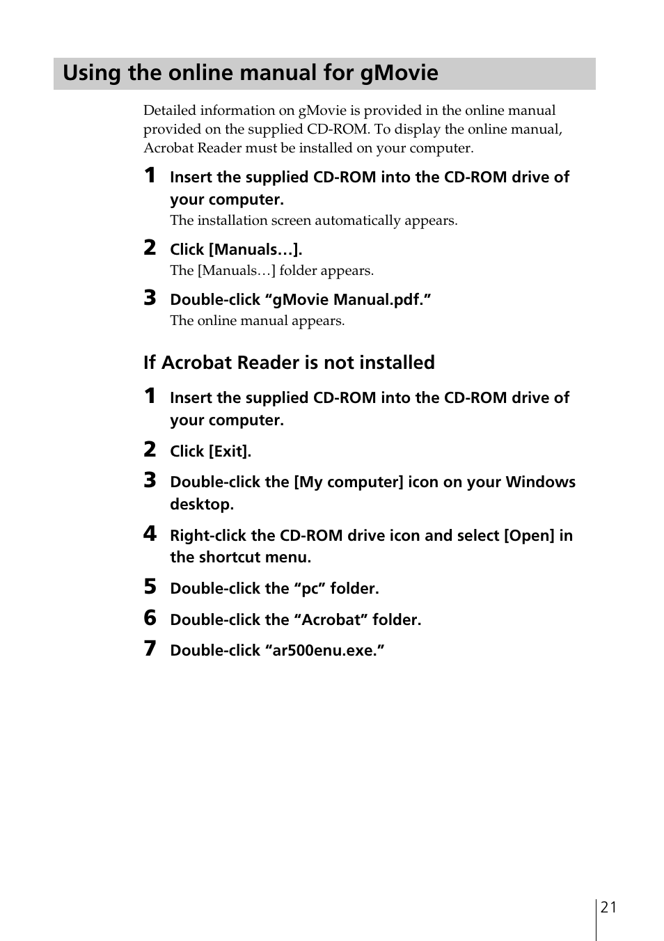 Using the online manual for gmovie | Sony PEGA-SA500 User Manual | Page 21 / 28