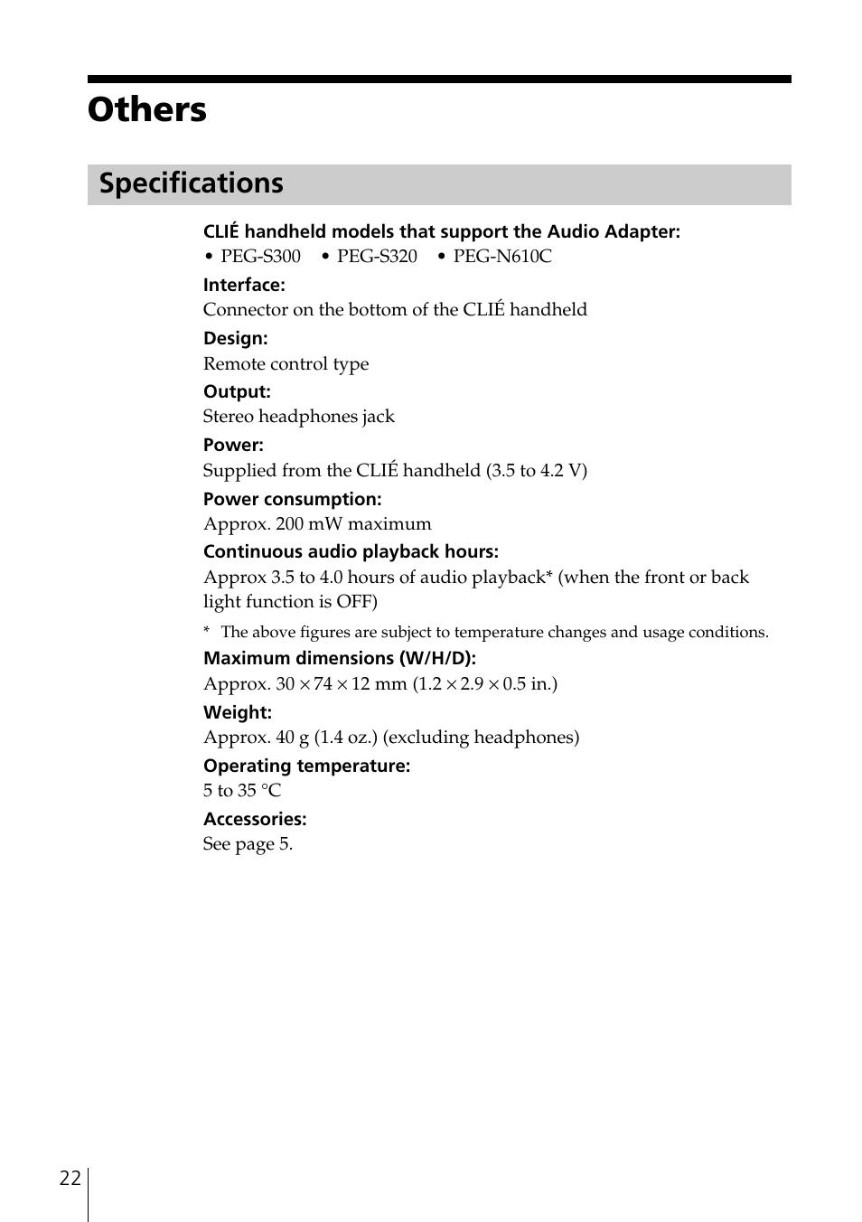 Others, Specifications | Sony PEGA-SA500 User Manual | Page 22 / 28