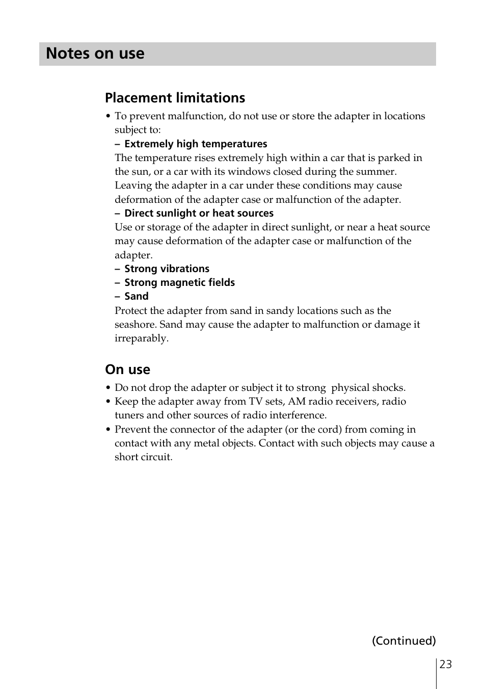 Notes on use, Placement limitations, On use | Sony PEGA-SA500 User Manual | Page 23 / 28