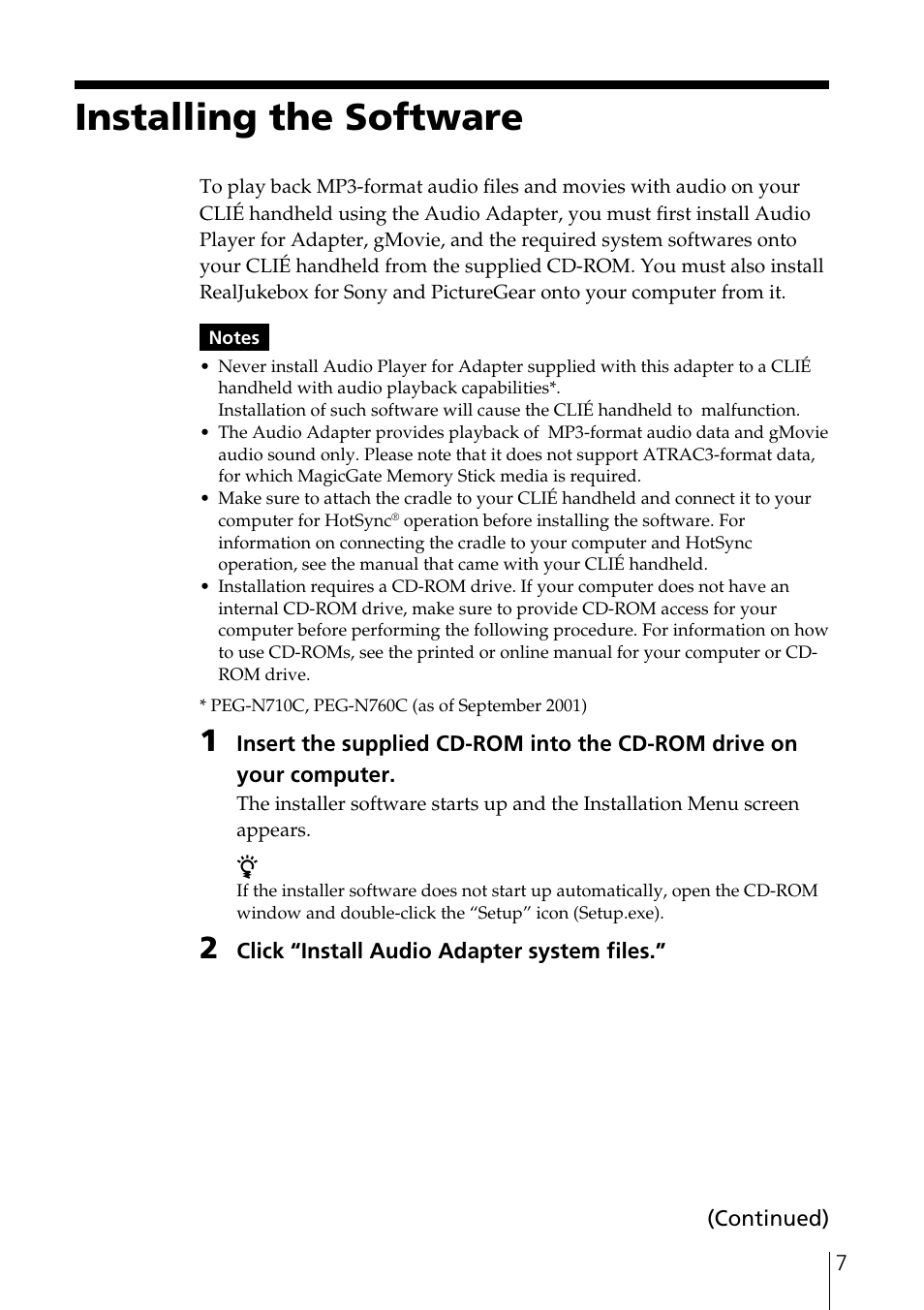 Installing the software | Sony PEGA-SA500 User Manual | Page 7 / 28