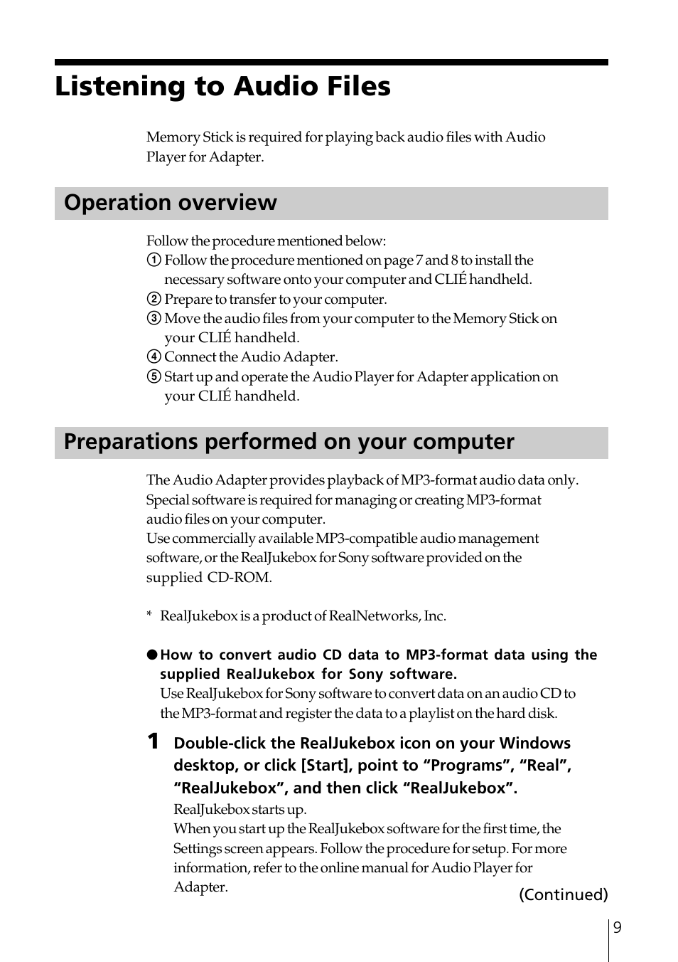 Listening to audio files, Operation overview, Preparations performed on your computer | Sony PEGA-SA500 User Manual | Page 9 / 28