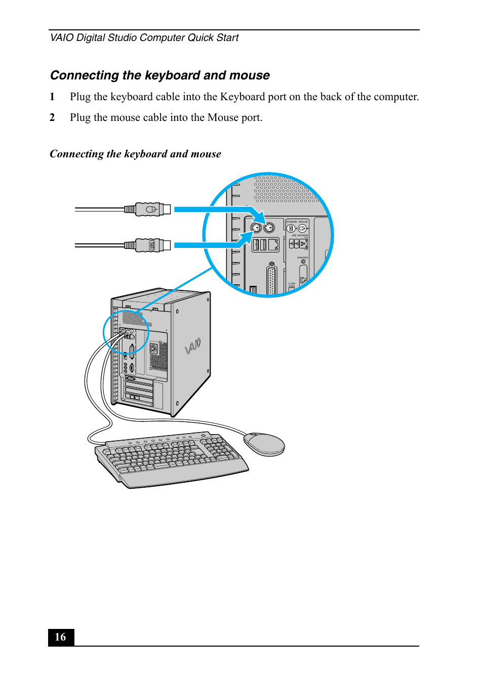 Connecting the keyboard and mouse, Vaio digital studio computer quick start | Sony PCV-RX752 User Manual | Page 16 / 72