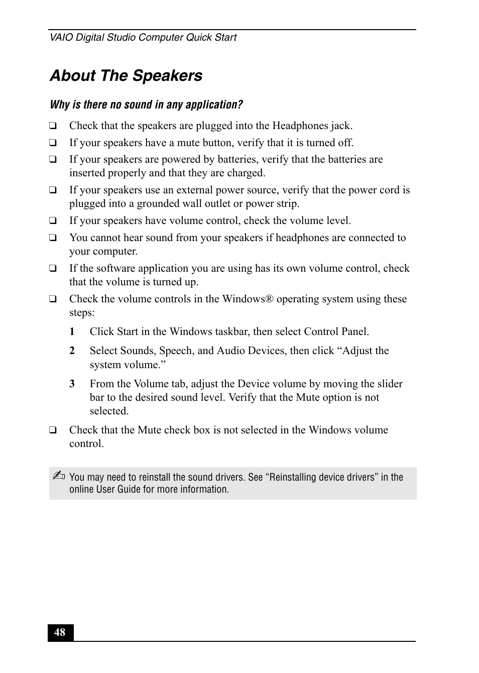 About the speakers | Sony PCV-RX752 User Manual | Page 48 / 72
