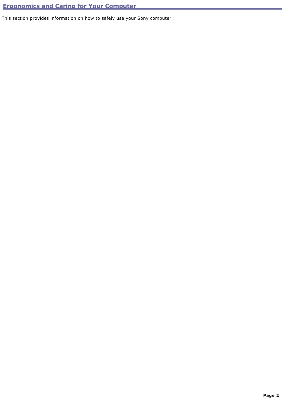 Ergonomics and caring for your computer | Sony VGN-A240 User Manual | Page 2 / 316