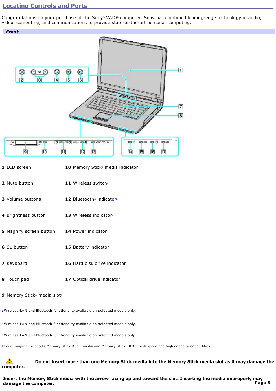Locating controls and ports | Sony VGN-A240 User Manual | Page 8 / 316
