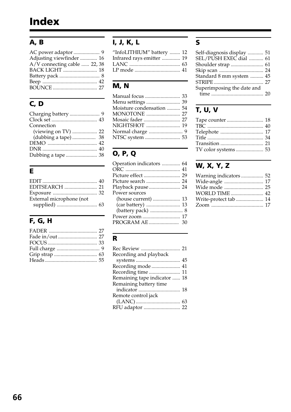 Index | Sony CCD-TR517WR User Manual | Page 66 / 68