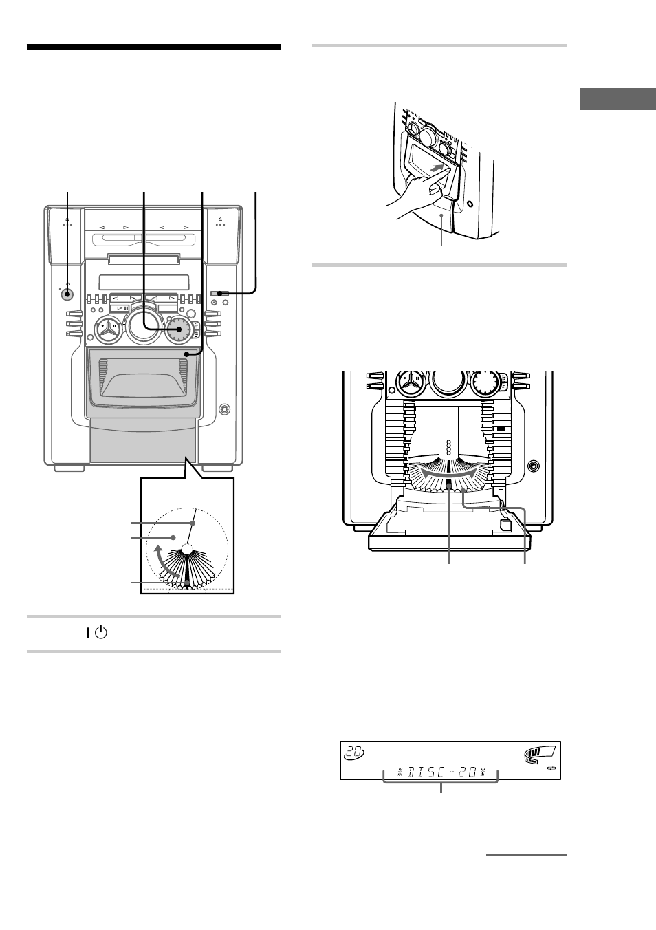 Inserting cds, Getting started, Press ?/1 to turn on the system | Press function repeatedly until “cd” appears, Continued, Loading position playing position rotary table, Front cover, Disc slot at the loading position, Disc number | Sony MHC-M100 User Manual | Page 13 / 56
