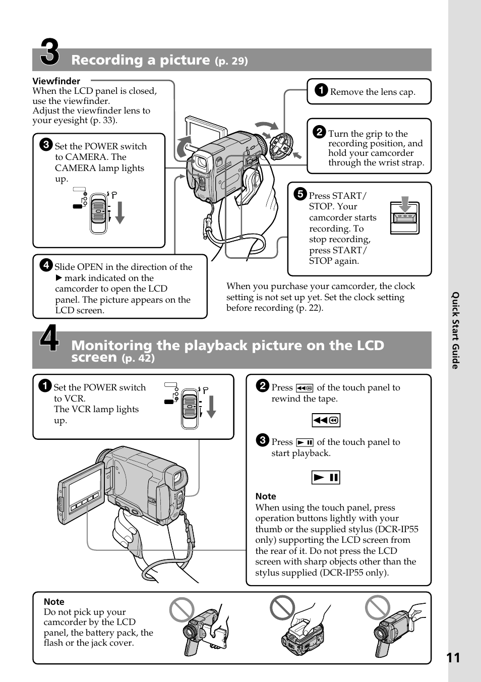 11 recording a picture, Monitoring the playback picture on the lcd screen, P. 29) | P. 42) | Sony DCR-IP55 User Manual | Page 11 / 216