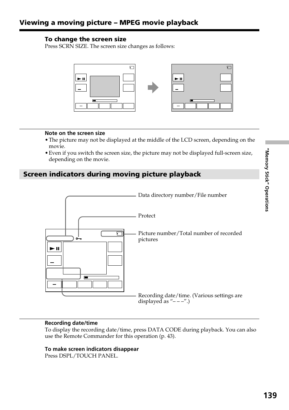 Viewing a moving picture – mpeg movie playback, Screen indicators during moving picture playback | Sony DCR-IP55 User Manual | Page 139 / 216