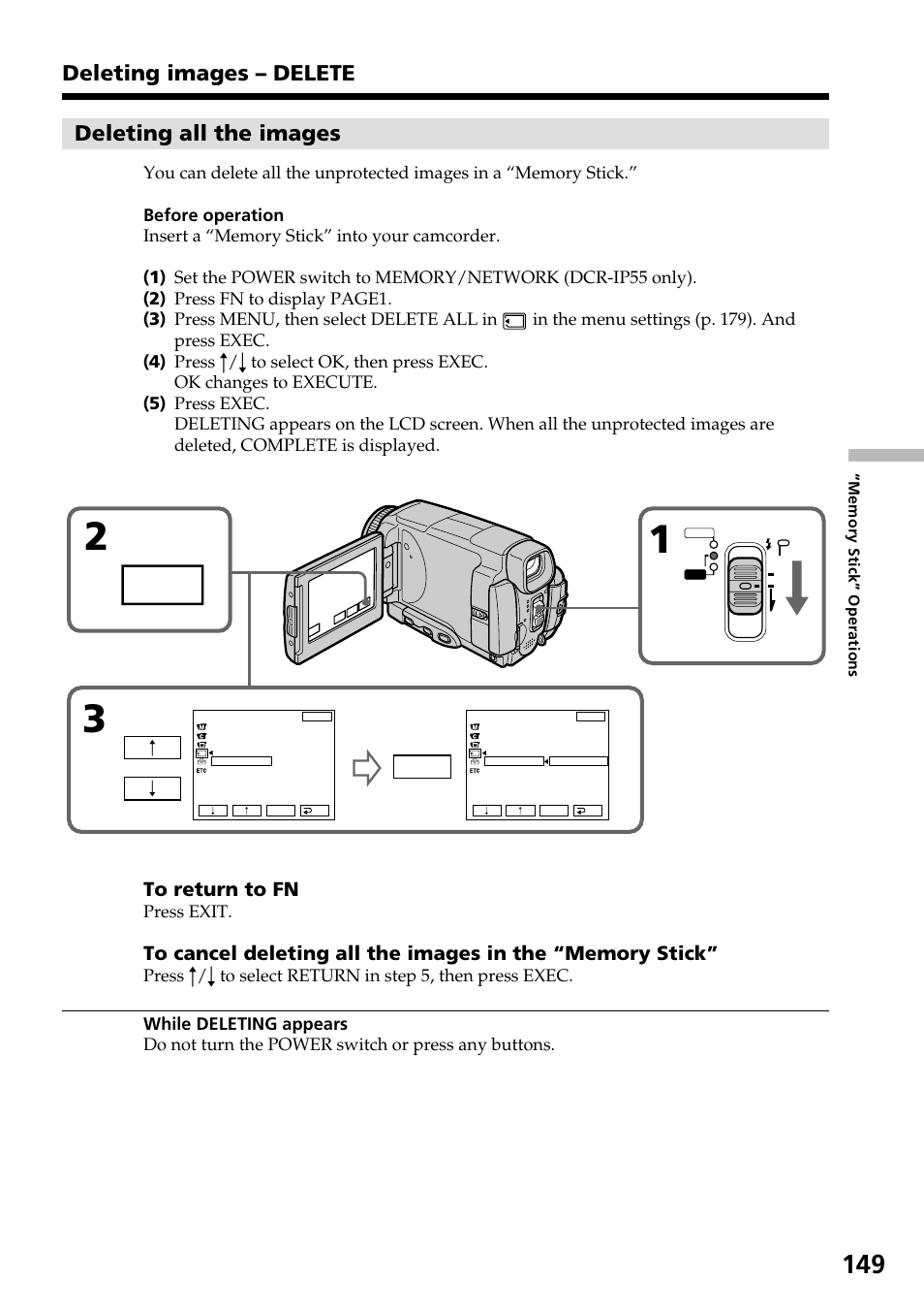 Deleting all the images, Deleting images – delete | Sony DCR-IP55 User Manual | Page 149 / 216