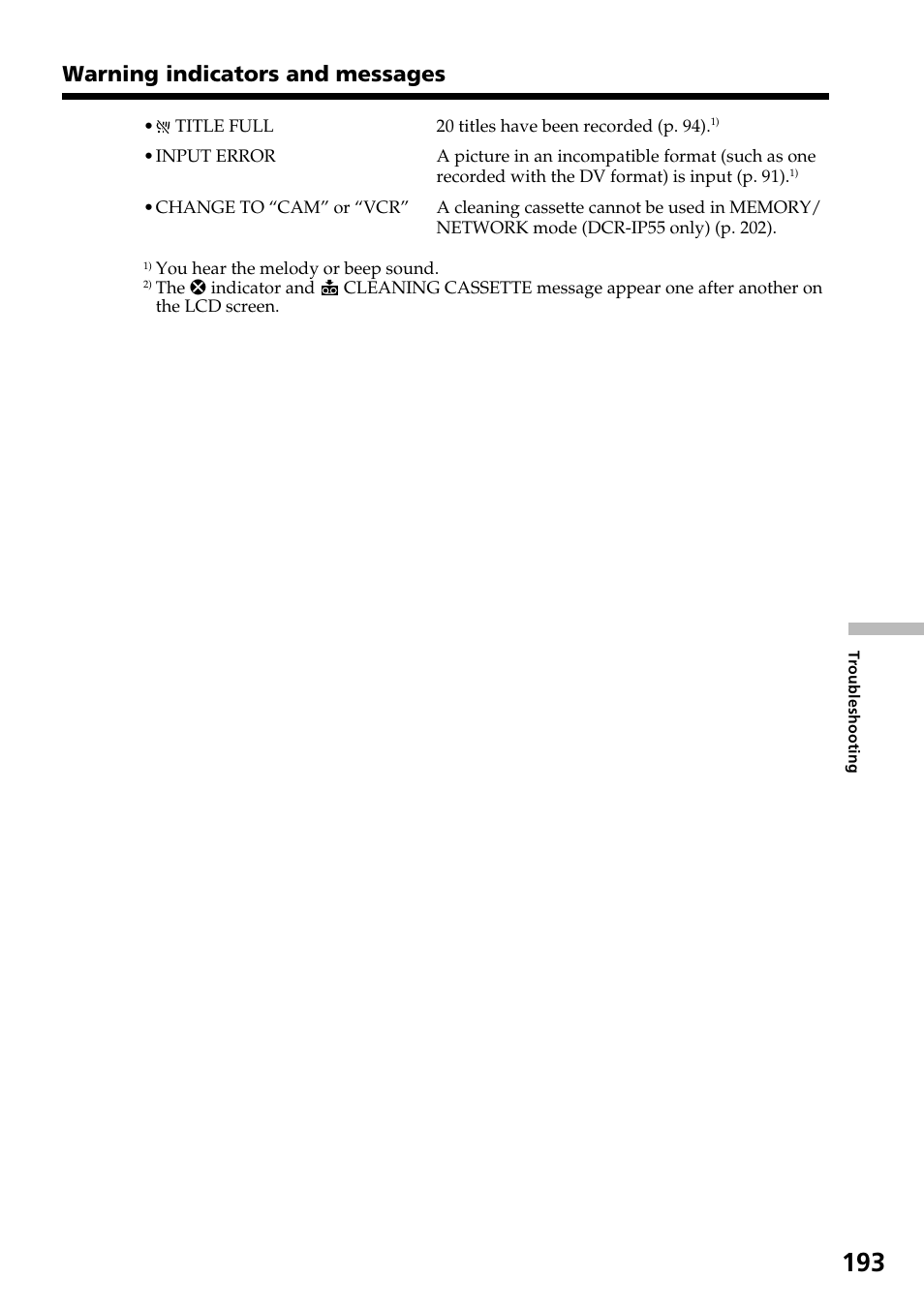 Warning indicators and messages | Sony DCR-IP55 User Manual | Page 193 / 216