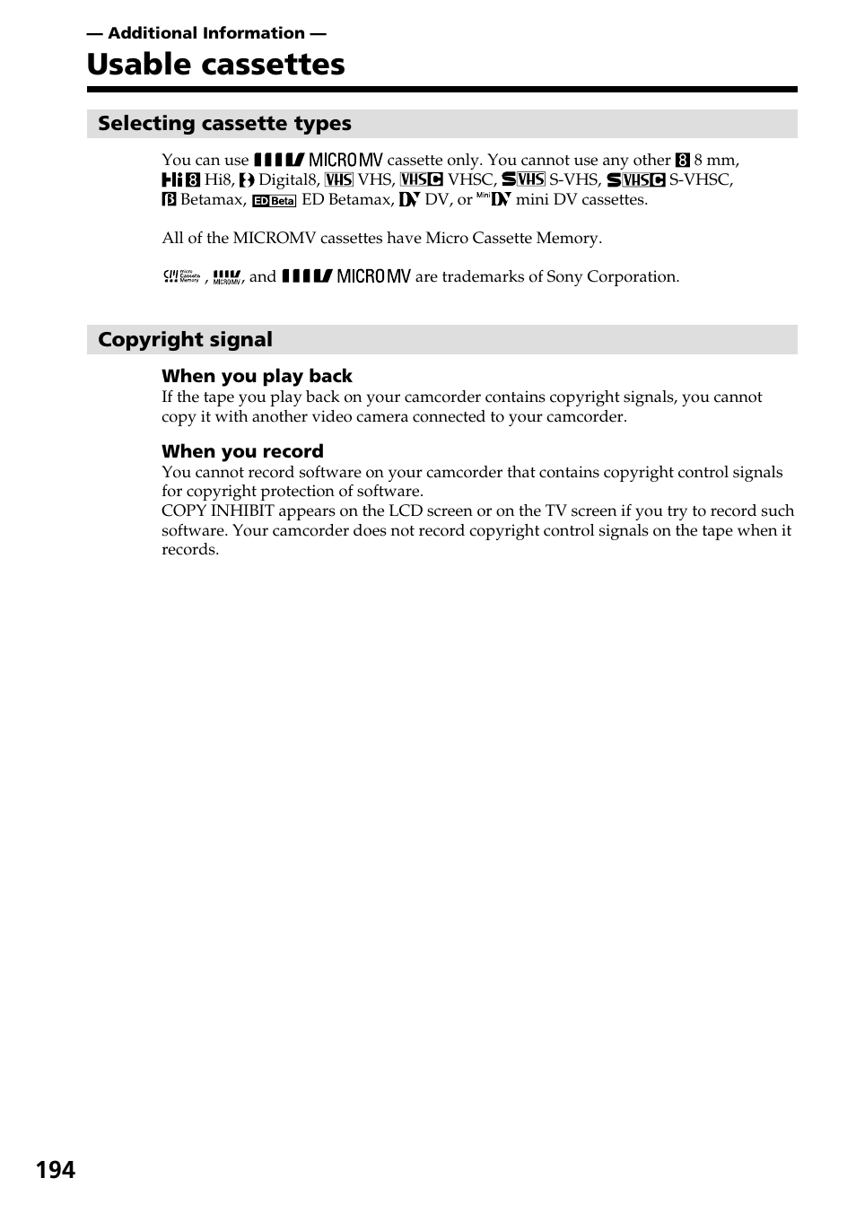 Usable cassettes | Sony DCR-IP55 User Manual | Page 194 / 216
