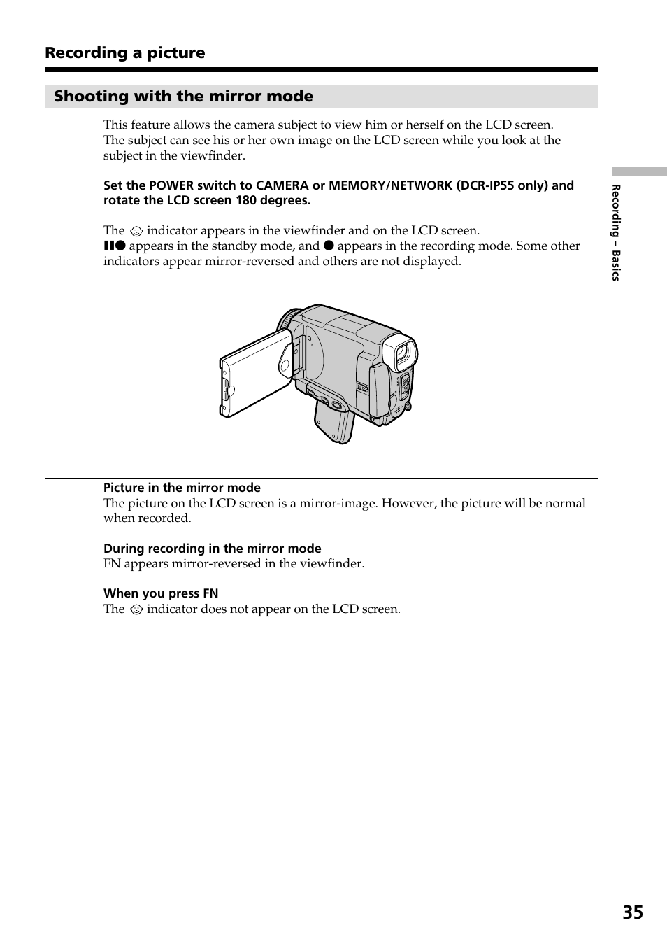 Recording a picture shooting with the mirror mode | Sony DCR-IP55 User Manual | Page 35 / 216