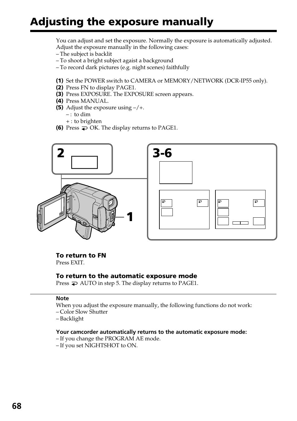 Adjusting the exposure manually, Expo– sure | Sony DCR-IP55 User Manual | Page 68 / 216