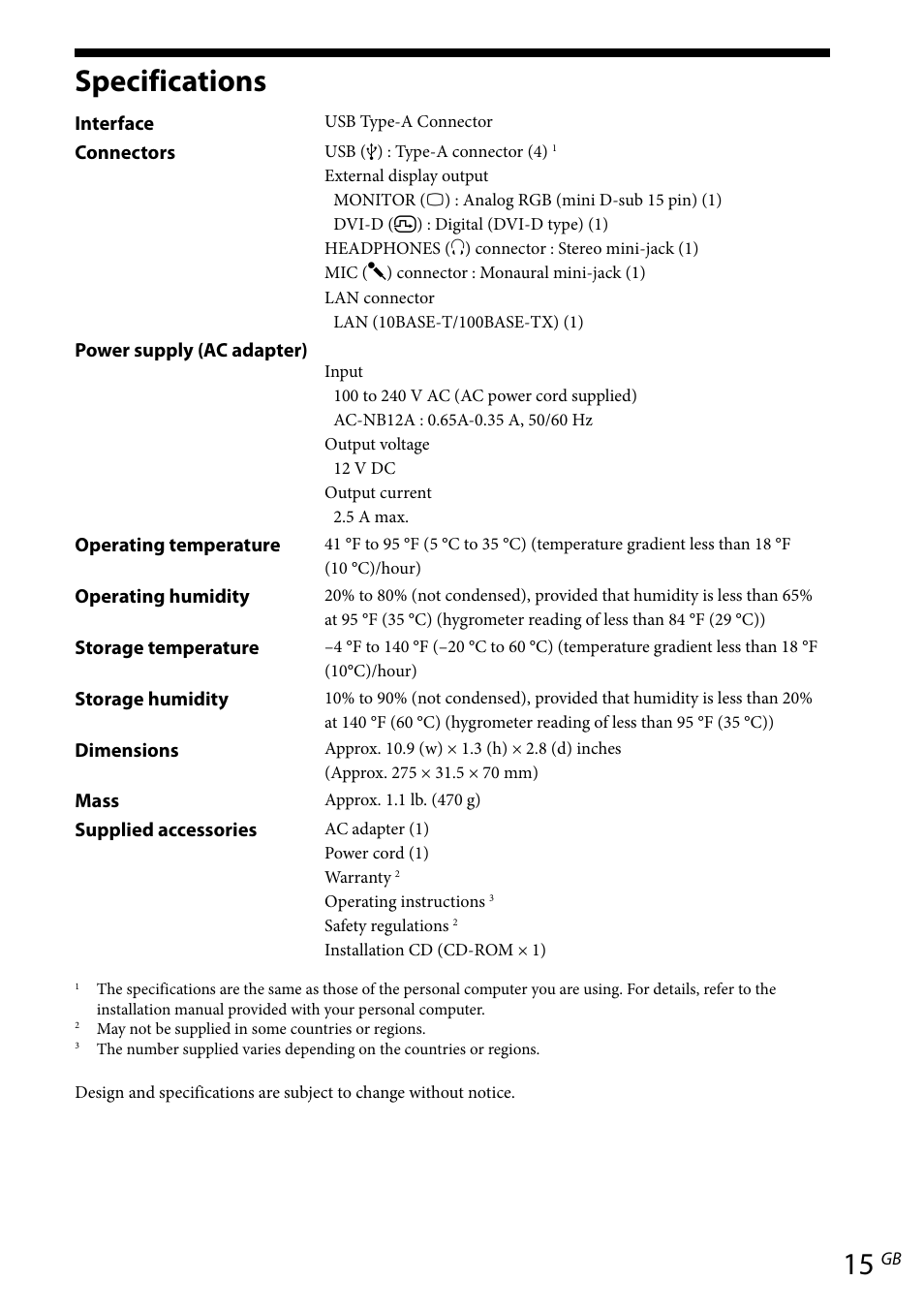 Specifications | Sony VGP-UPR1 User Manual | Page 43 / 140